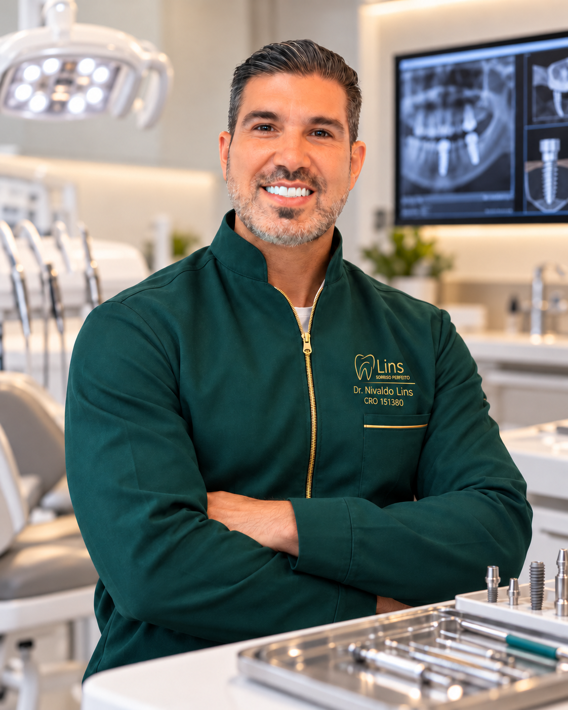 Dr. Nivaldo Lins no consultório, com jaleco identificado da Lins Sorriso Perfeito