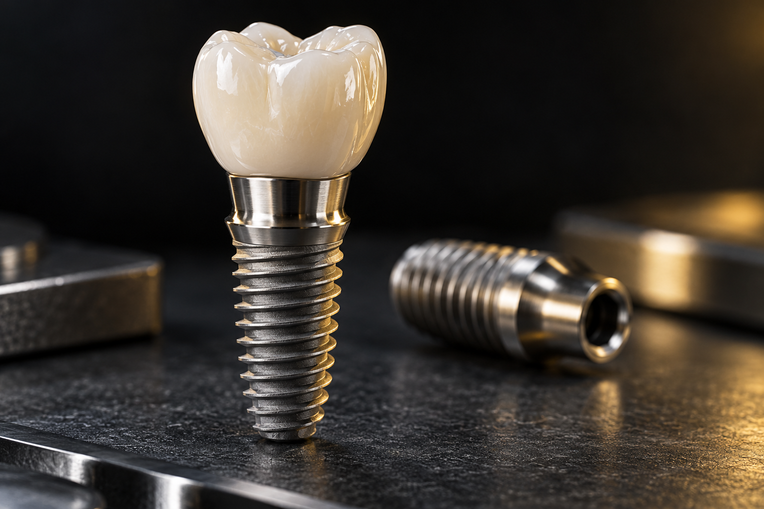 Modelo ilustrativo de implante dentário com coroa