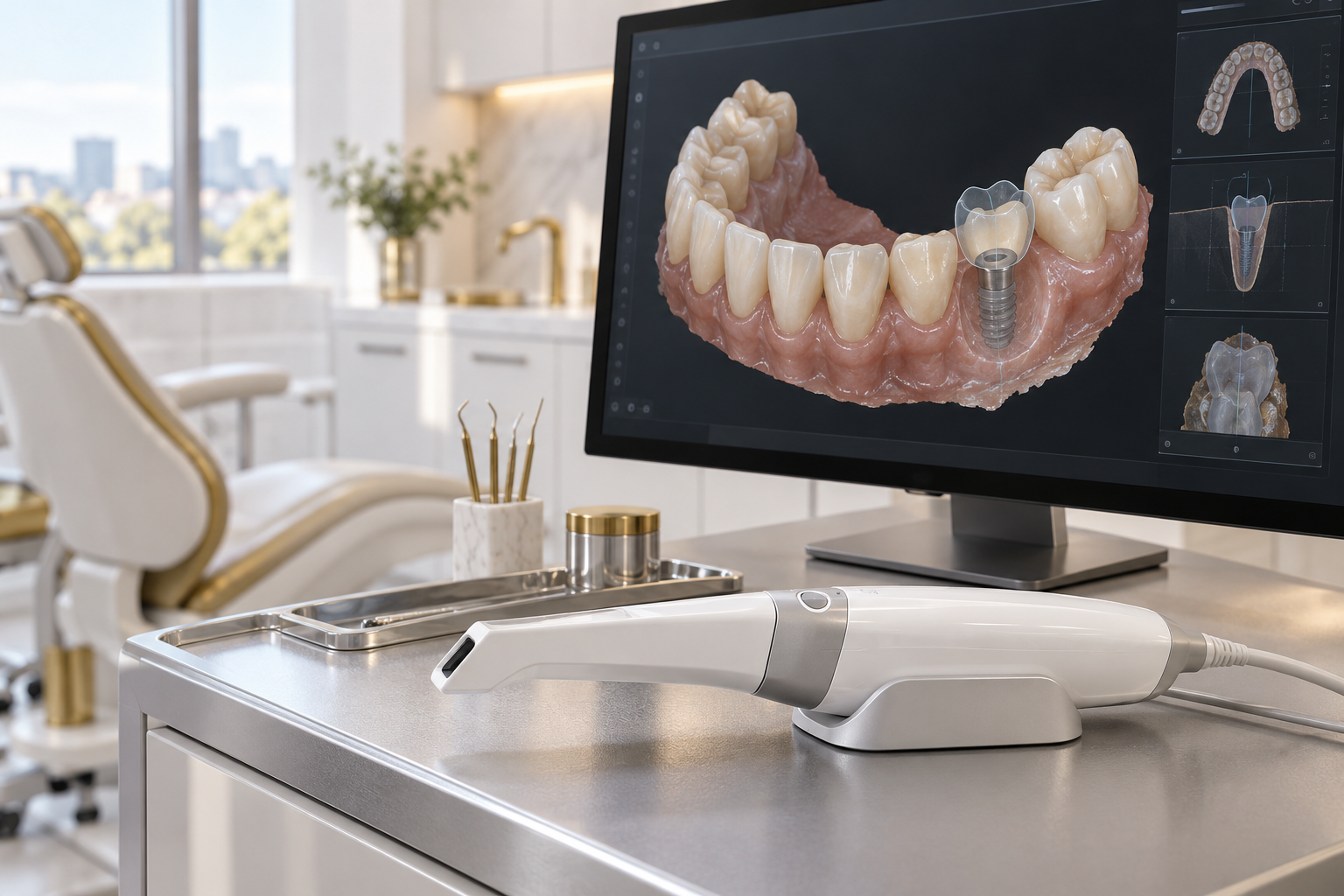 Equipamento de escaneamento e modelo digital ilustrativo para planejamento de implantes